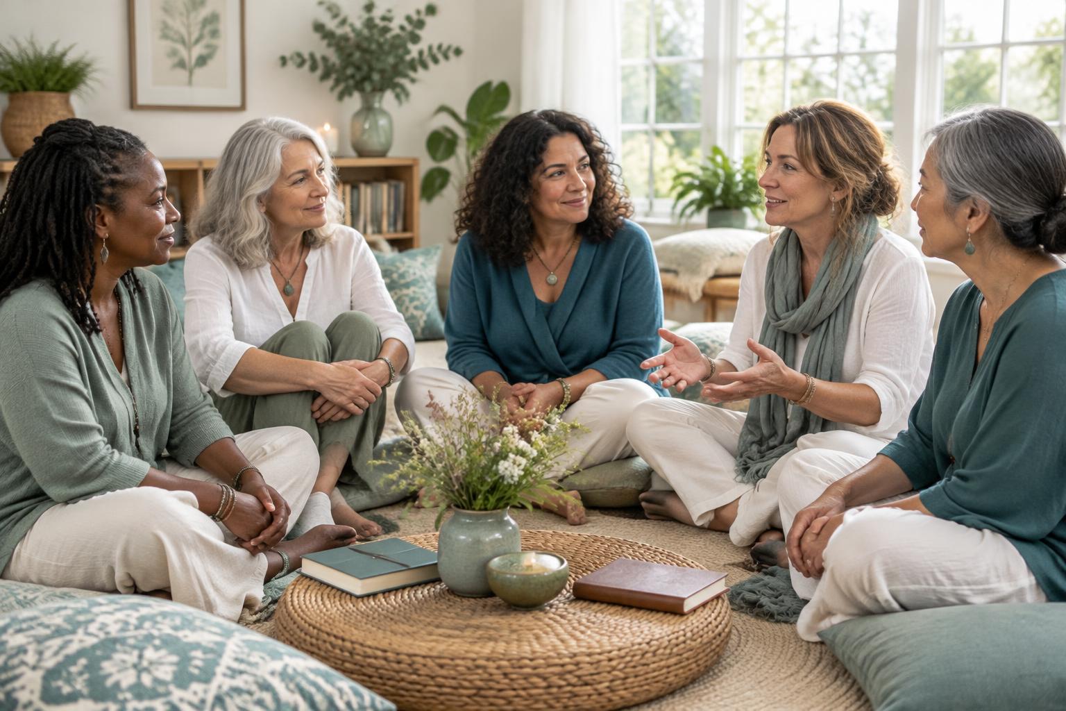 Illustrative women’s wellness circle sharing conversation and connection