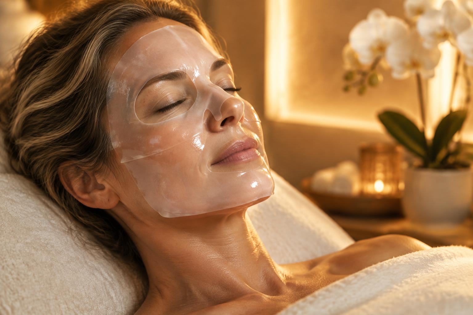 Illustrative woman relaxing with a sheet mask during a hands-off light wellness ritual; not Kris and not her actual equipment