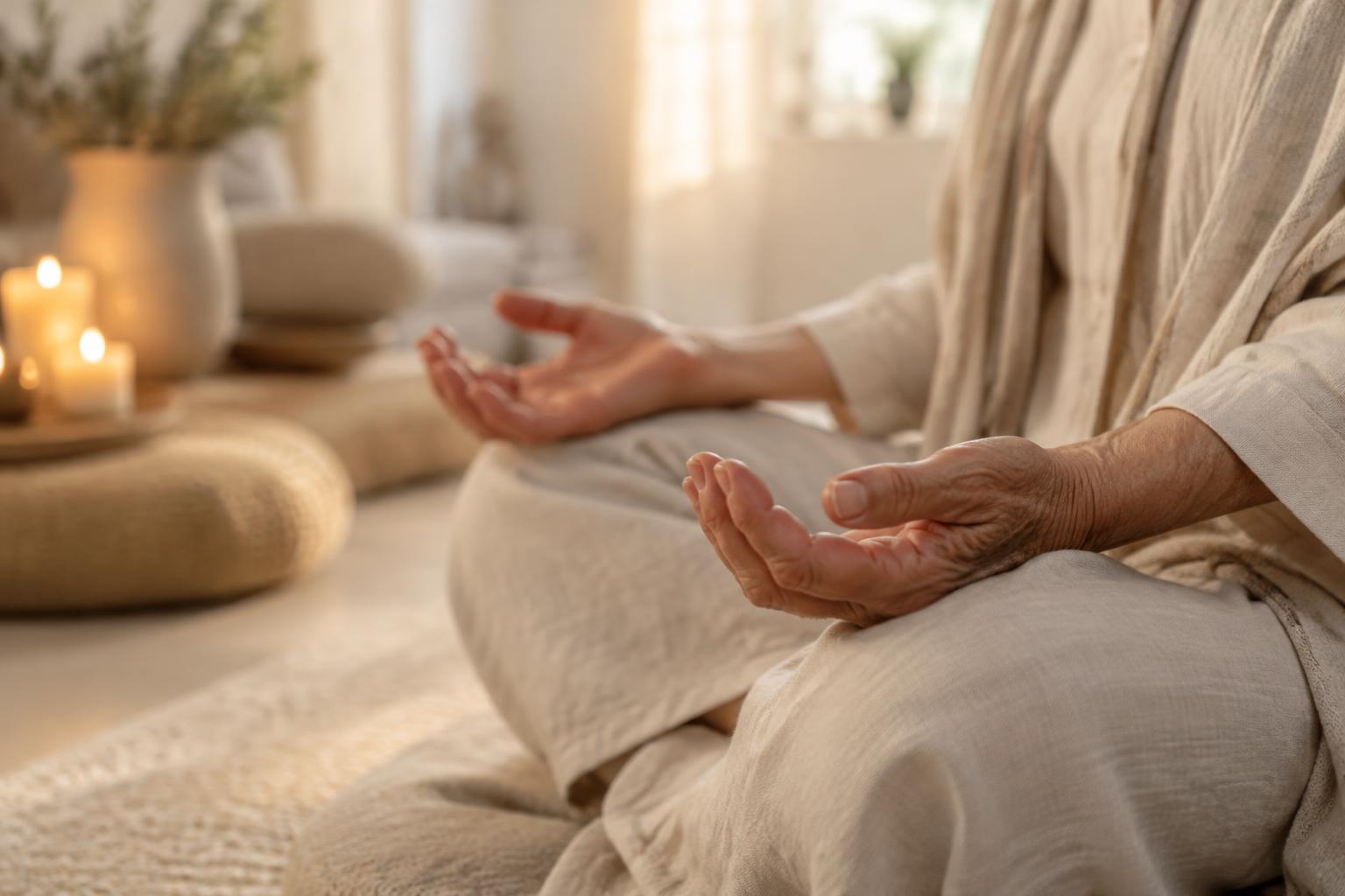 Hands resting gently in meditation in soft daylight
